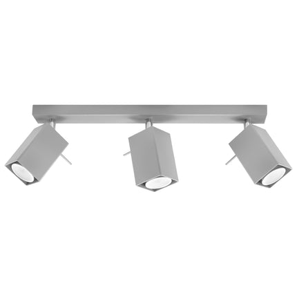 Plafonnier directionnelle carré 3 spots orientables gris en acier, vue de face sur fond neutre