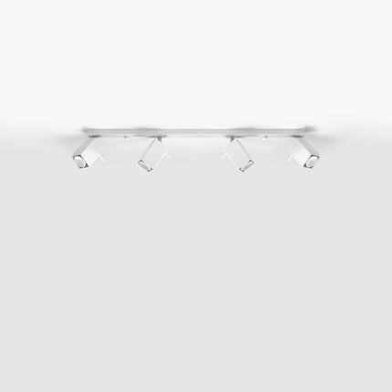 Plafonnier Directionnelle Carré 4 blanc, barre en acier et quatre spots carrés vus de face