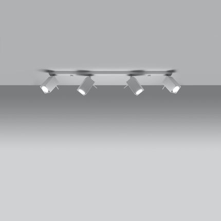 Plafonnier Directionnelle Carré 4 blanc à quatre spots carrés orientables allumés sur barre en acier