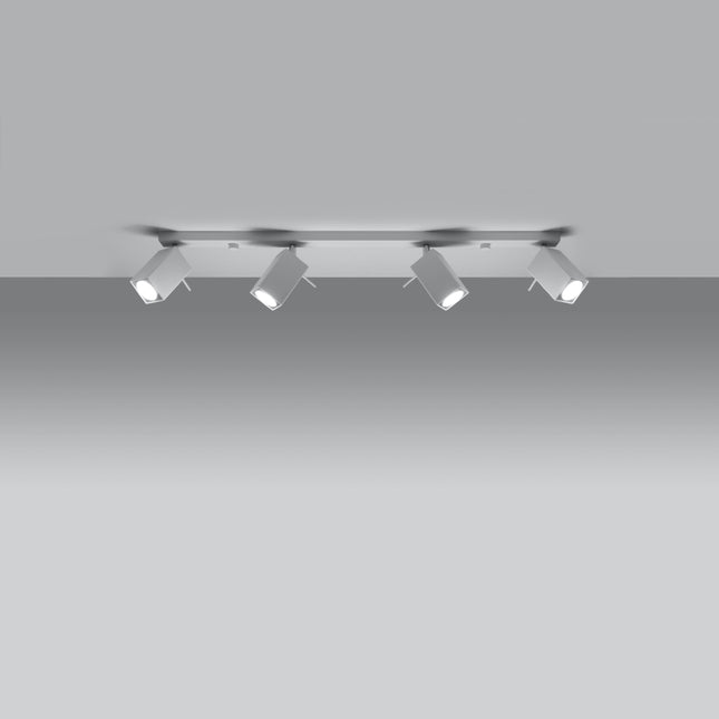 Plafonnier Directionnelle Carré 4 blanc à quatre spots carrés orientables allumés sur barre en acier