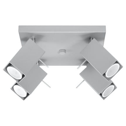 Plafonnier directionnelle carré 4 spots orientables gris en acier, vue de face sur fond neutre