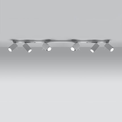 Plafonnier Directionnelle Carré 6 blanc à six spots carrés orientables allumés sur barre en acier