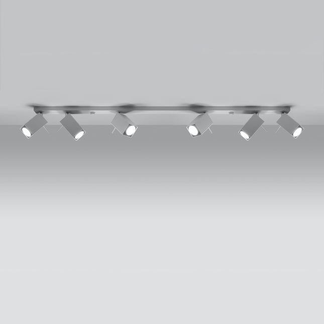 Plafonnier Directionnelle Carré 6 blanc à six spots carrés orientables allumés sur barre en acier