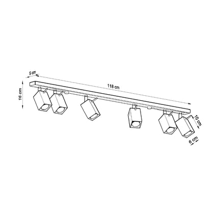 Schéma des dimensions du Plafonnier Directionnelle Carré 6 gris, barre de 118 cm