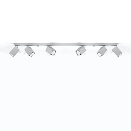 Plafonnier Directionnelle Carré 6 gris, barre en acier et six spots carrés vus de face
