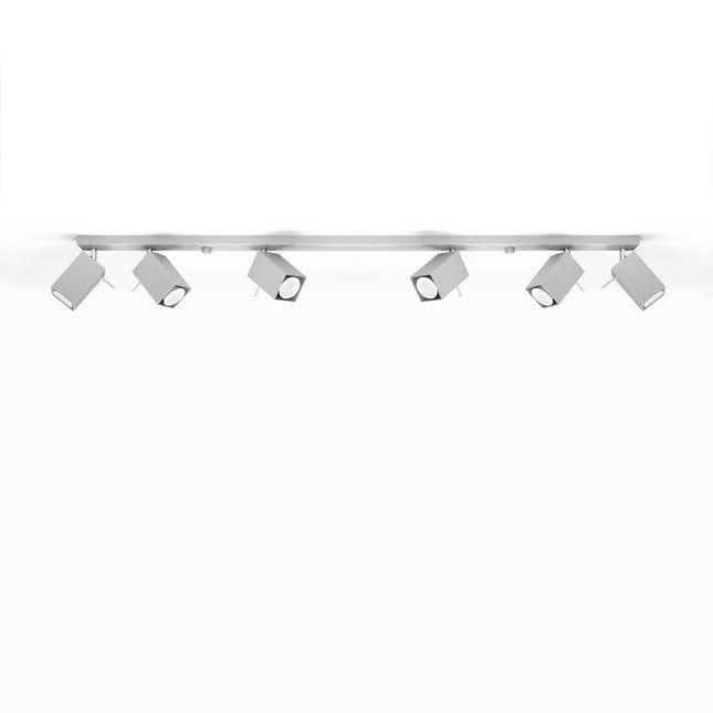 Plafonnier Directionnelle Carré 6 gris, barre en acier et six spots carrés vus de face
