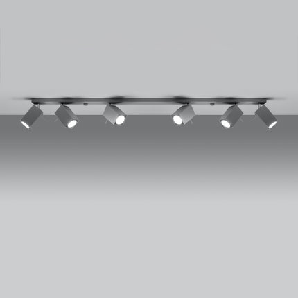 Plafonnier Directionnelle Carré 6 gris à six spots carrés orientables allumés sur barre en acier