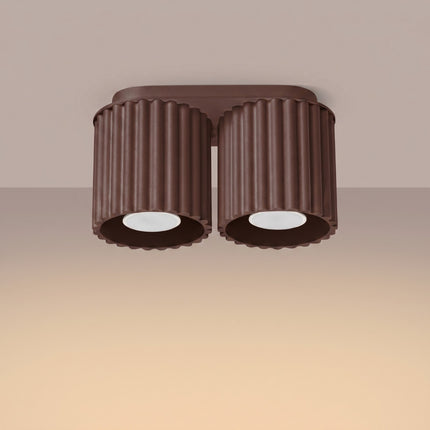 Plafonnier Double Aura 2 Aluminium Cannelé Brun Chocolat GU10, lumière allumée