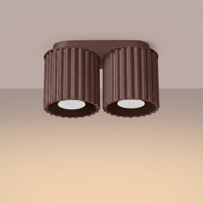 Double ceiling light Aura 2 fluted aluminum chocolate brown GU10, light on