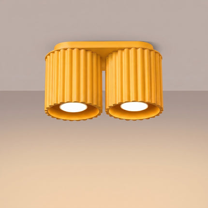Plafonnier Double Aura 2 Aluminium Cannelé Jaune Ambré GU10, lumière allumée