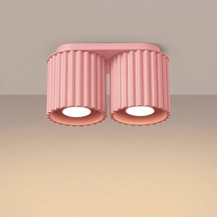 Plafonnier Double Aura 2 Aluminium Cannelé Rose Poudré GU10, lumière allumée