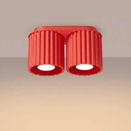Plafonnier Double Aura 2 Aluminium Cannelé Rouge Vif GU10, lumière allumée