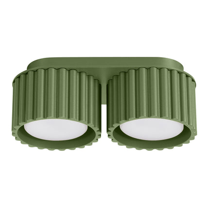 Plafonnier double Aura 2 en aluminium rainuré vert olive, deux têtes cylindriques GX53