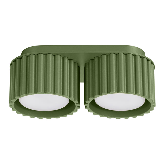 Plafonnier double Aura 2 en aluminium rainuré vert olive, deux têtes cylindriques GX53