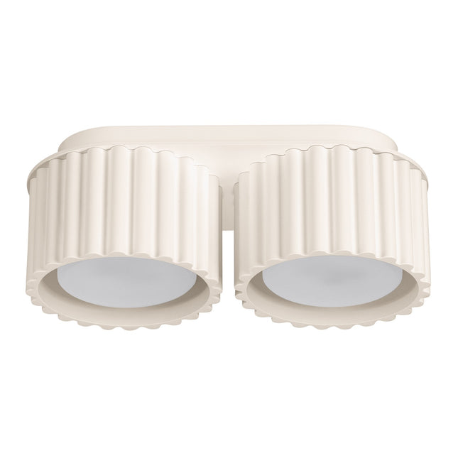 Plafonnier double Aura en aluminium beige rainuré, deux cylindres GX53, vue de face sur fond clair