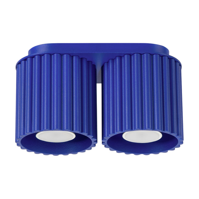 Plafonnier double Aura en aluminium cannelé bleu outremer, deux spots GU10, vue de face