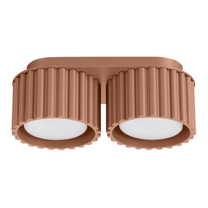 Plafonnier double Aura en aluminium cannelé moka, deux spots GX53 vus de face