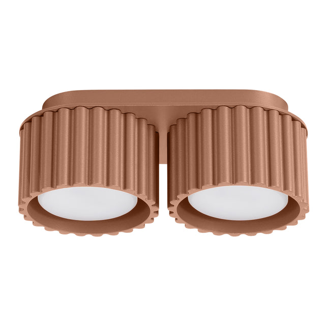 Plafonnier double Aura en aluminium cannelé moka, deux spots GX53 vus de face