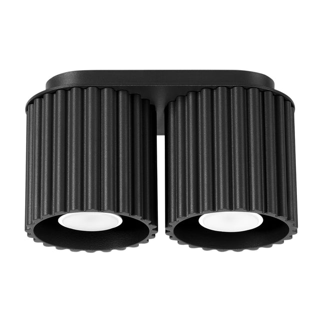 Plafonnier double Aura en aluminium noir mat cannelé à deux spots GU10, vue de face