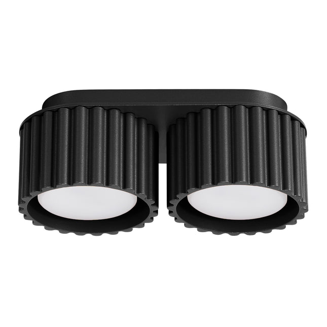 Plafonnier double Aura en aluminium noir mat rainuré, vue de face sur ses deux spots ronds