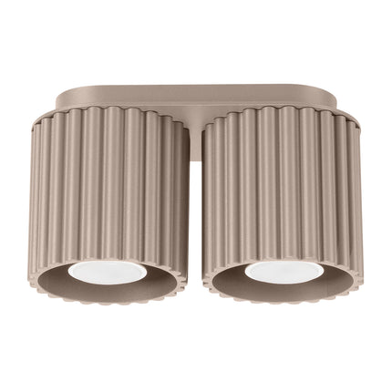 Plafonnier double Aura en aluminium taupe rainuré, deux spots GU10 vus de face