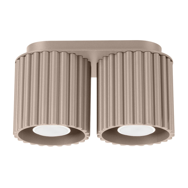 Plafonnier double Aura en aluminium taupe rainuré, deux spots GU10 vus de face