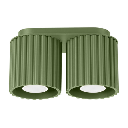 Plafonnier double Aura en aluminium vert olive avec deux spots GU10, vue de face sur fond blanc