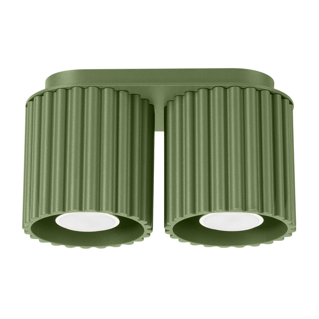 Plafonnier double Aura en aluminium vert olive avec deux spots GU10, vue de face sur fond blanc