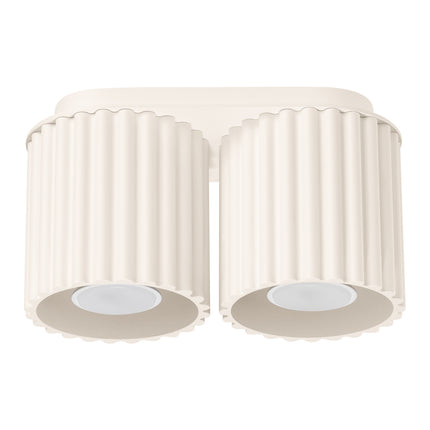 Plafonnier double Aura en aluminium beige cannelé, deux spots GU10 vus de face