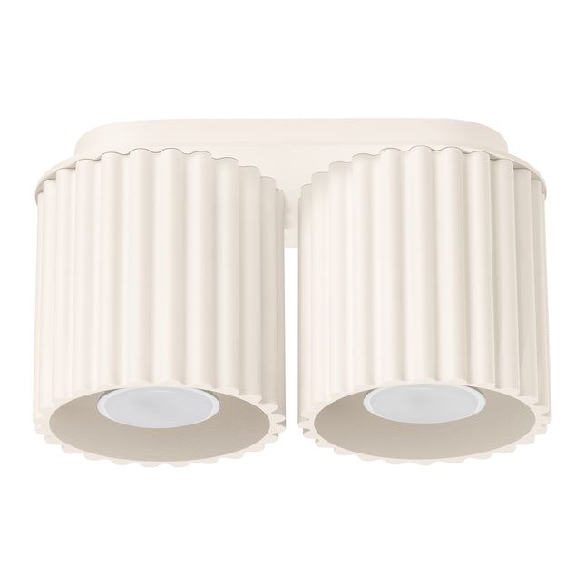Plafonnier double Aura en aluminium beige cannelé, deux spots GU10 vus de face