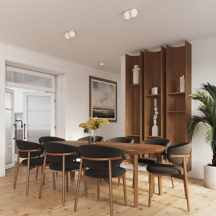 Plafonnier double Aura beige éclairant une salle à manger scandinave aux tons bois chaleureux