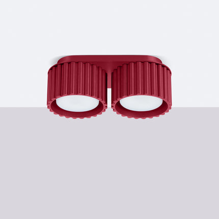 Plafonnier double AURA bordeaux fixé au plafond, finition aluminium mate rainurée