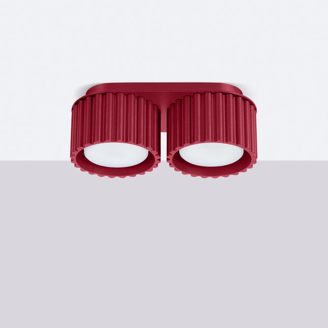 Plafonnier double AURA bordeaux fixé au plafond, finition aluminium mate rainurée