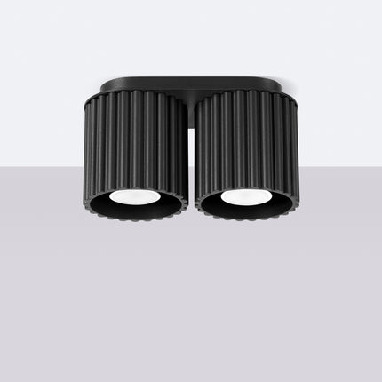 Plafonnier double Aura noir mat fixé au plafond, silhouette cannelée à deux cylindres