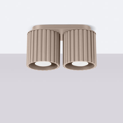 Plafonnier double Aura taupe monté au plafond, cannelures verticales en aluminium