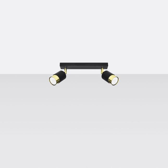 Plafonnier Double Cylindre 2 spots noir et doré, vue rapprochée des têtes orientables