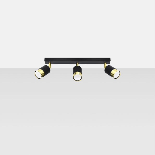 Plafonnier Double Cylindre 3 spots noir et doré, vue rapprochée des têtes orientables