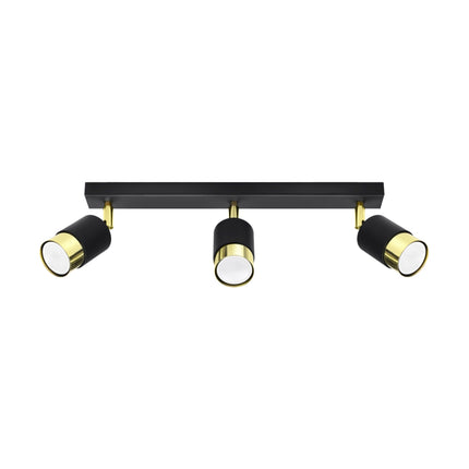 Plafonnier Double Cylindre 3 spots noir et doré, têtes orientables en acier sur fond blanc