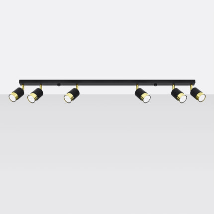 Plafonnier Double Cylindre 6 spots noir et doré, vue rapprochée des têtes orientables