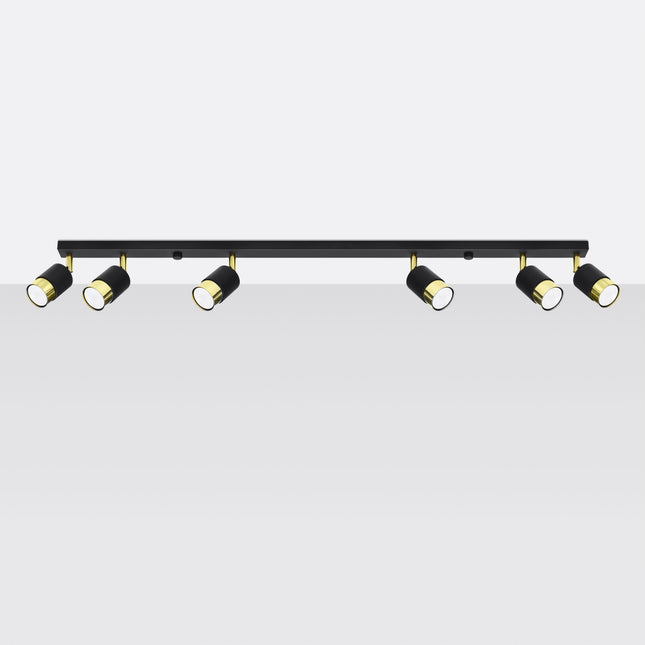 Plafonnier Double Cylindre 6 spots noir et doré, vue rapprochée des têtes orientables