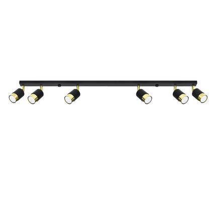 Plafonnier Double Cylindre 6 spots noir et doré, têtes orientables en acier sur fond blanc
