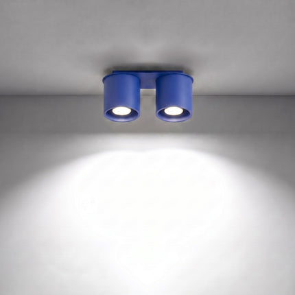 Plafonnier Double Cylindre LED bleu outremer allumée, faisceau net