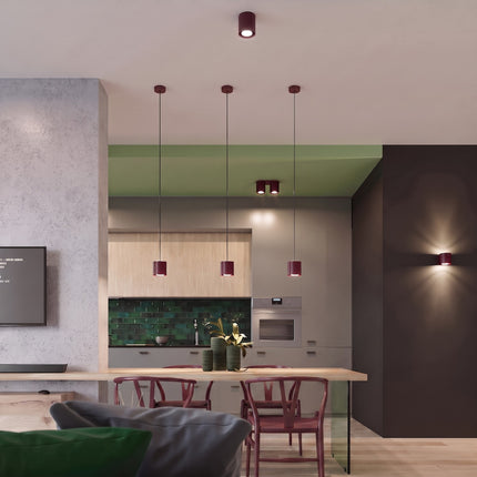 Plafonnier Double Cylindre LED bordeaux dans une entrée contemporaine