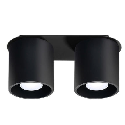 Plafonnier double cylindre en aluminium noir mat sur fond neutre