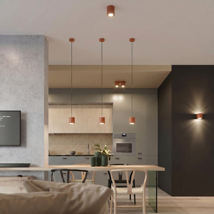 Plafonnier Double Cylindre LED ocre rouge dans une entrée contemporaine