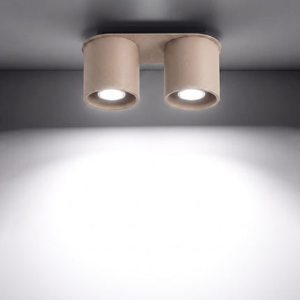 Plafonnier Double Cylindre LED taupe allumée, faisceau net