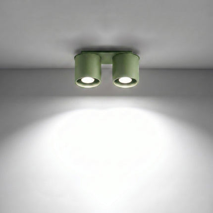 Plafonnier Double Cylindre LED vert olive allumée, faisceau net