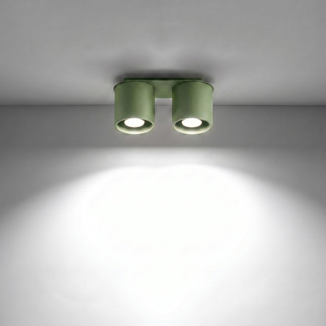 Plafón Doble Cilindro LED verde oliva encendido, haz definido