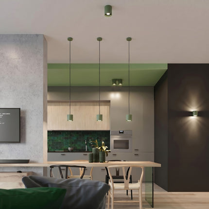 Plafonnier Double Cylindre LED vert olive dans une entrée contemporaine