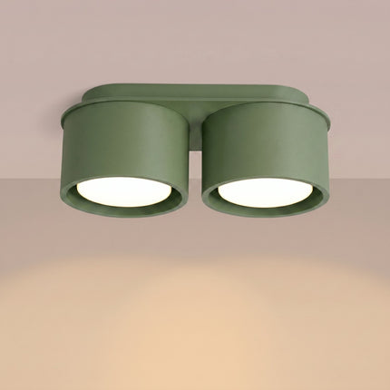 Plafonnier double Pastille vert olive, lumière allumée